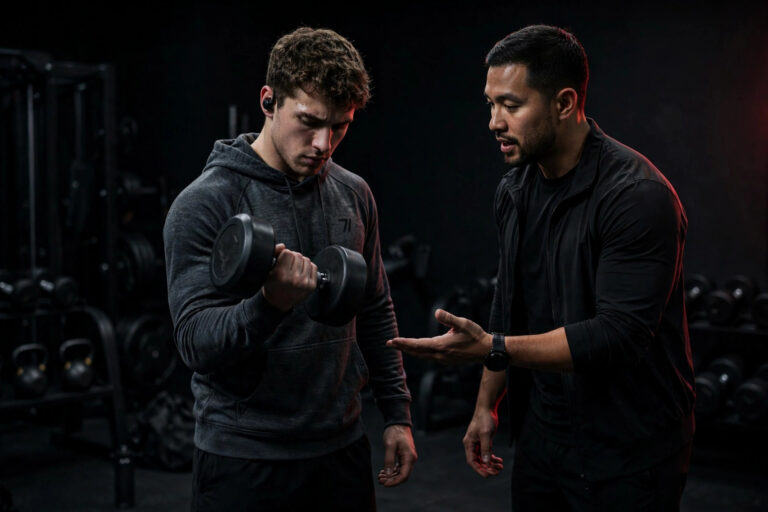 Beginner athlete training with dumbbells coached by a trainer in a dark gym
