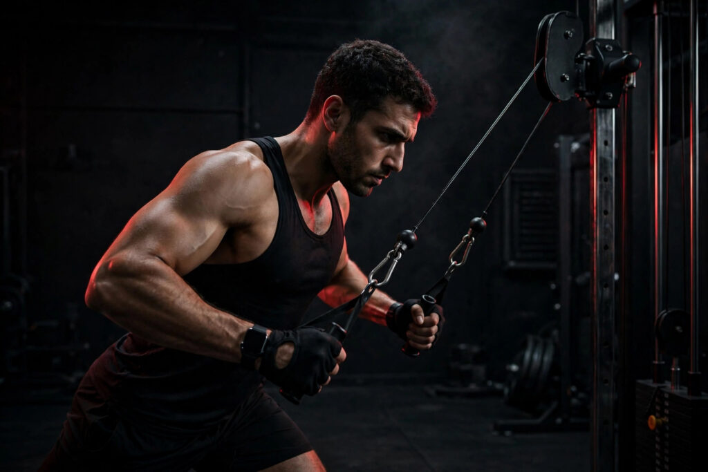 Athlete performing cable chest flyes during a push day workout in a dark gym