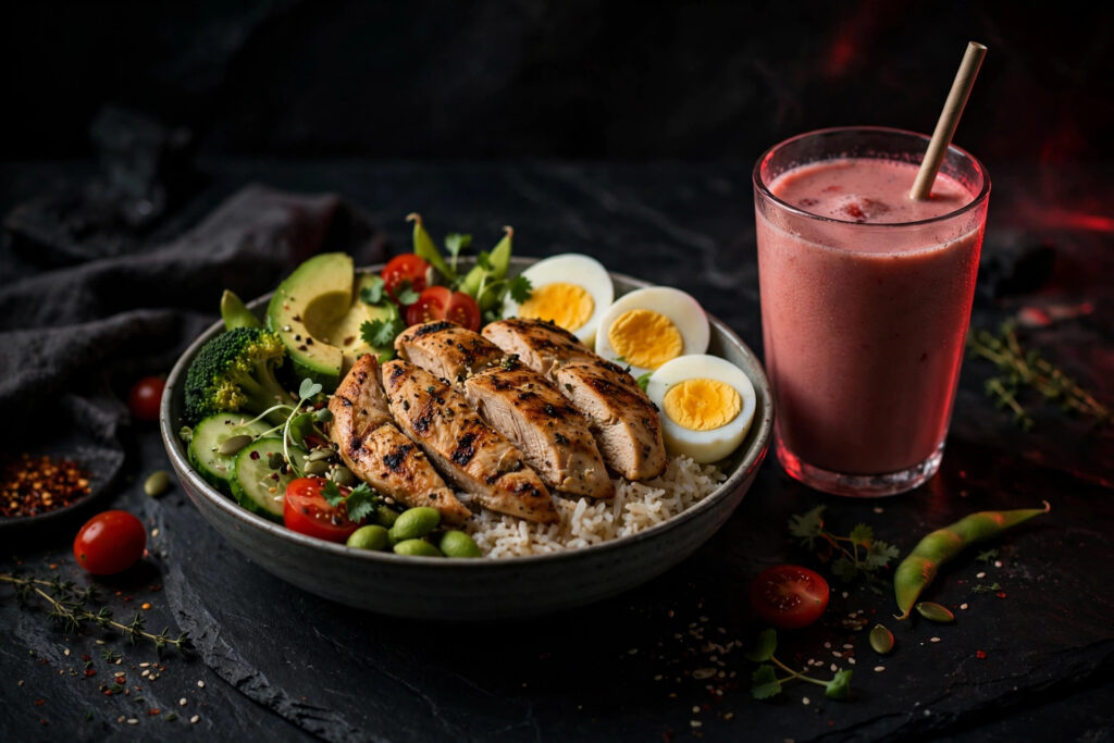 Healthy pre-workout meal bowl with chicken, rice and eggs and a protein shake on a dark table