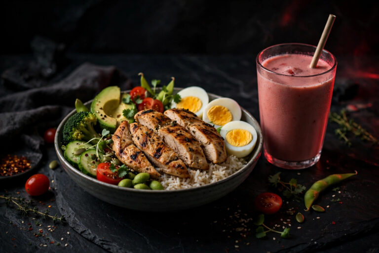 Healthy pre-workout meal bowl with chicken, rice and eggs and a protein shake on a dark table