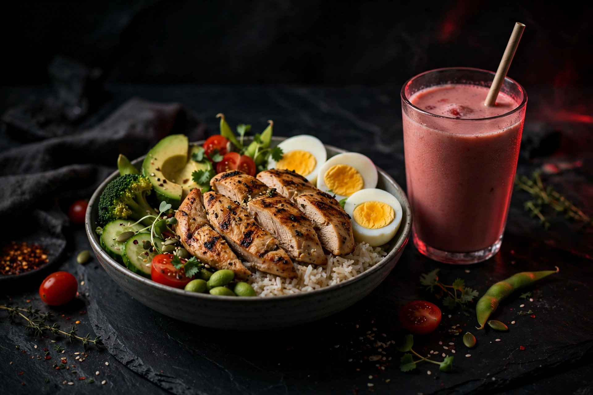 Healthy pre-workout meal bowl with chicken, rice and eggs and a protein shake on a dark table