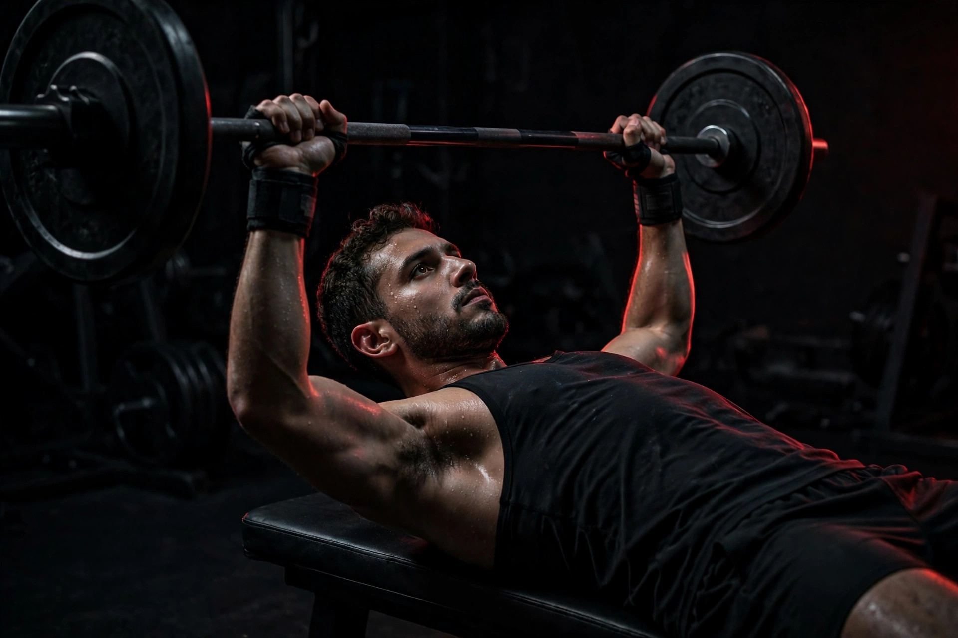 Athlete performing a barbell bench press in a dark gym