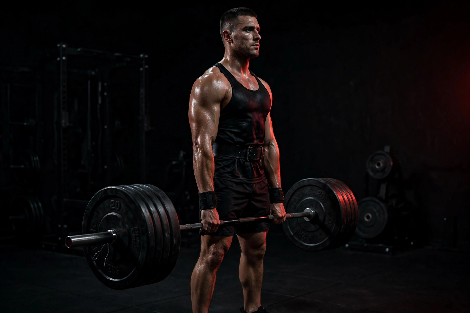 Athlete locking out a heavy barbell deadlift in a dark gym