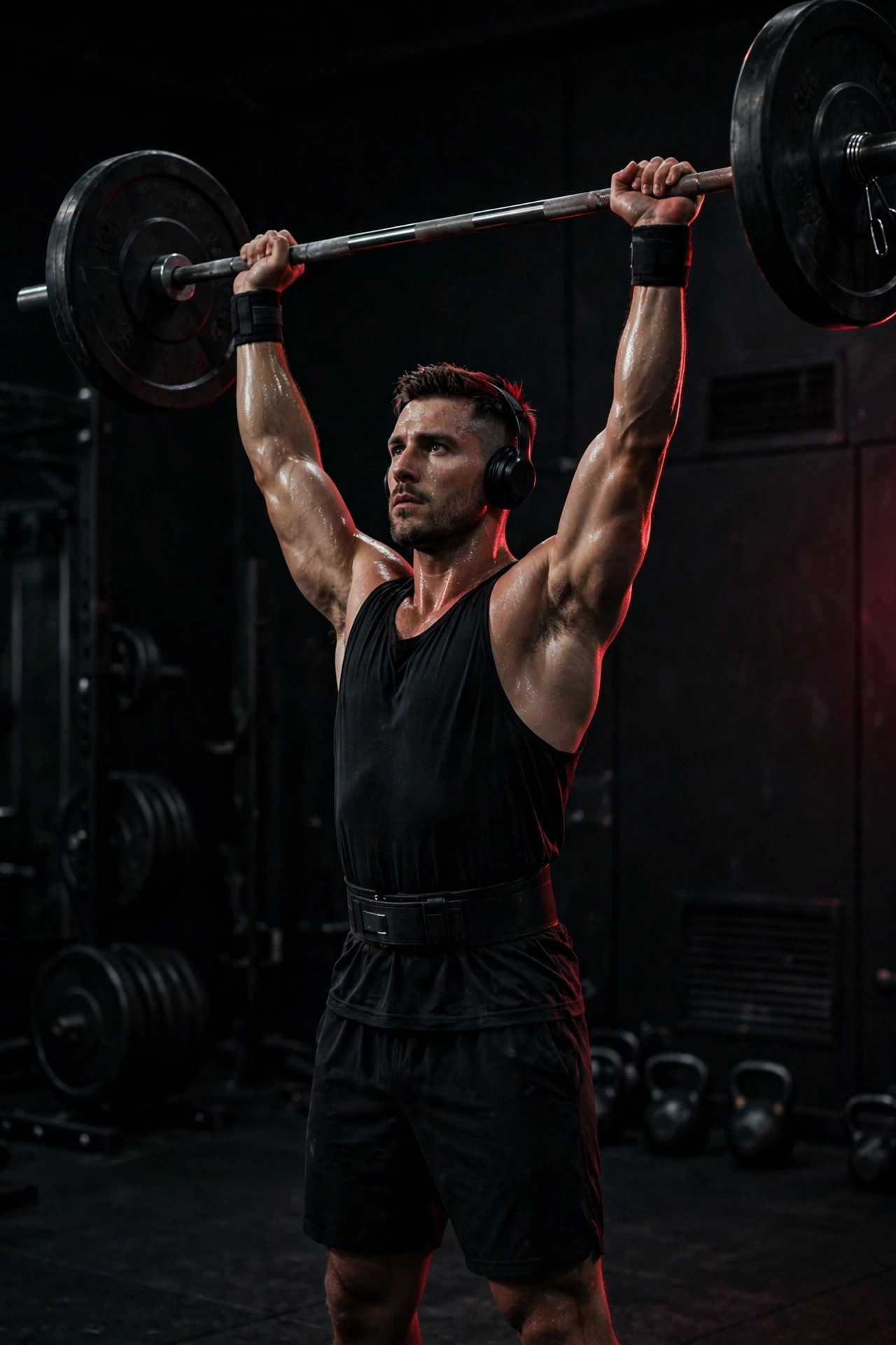 Athlete performing a standing barbell overhead press in a dark gym