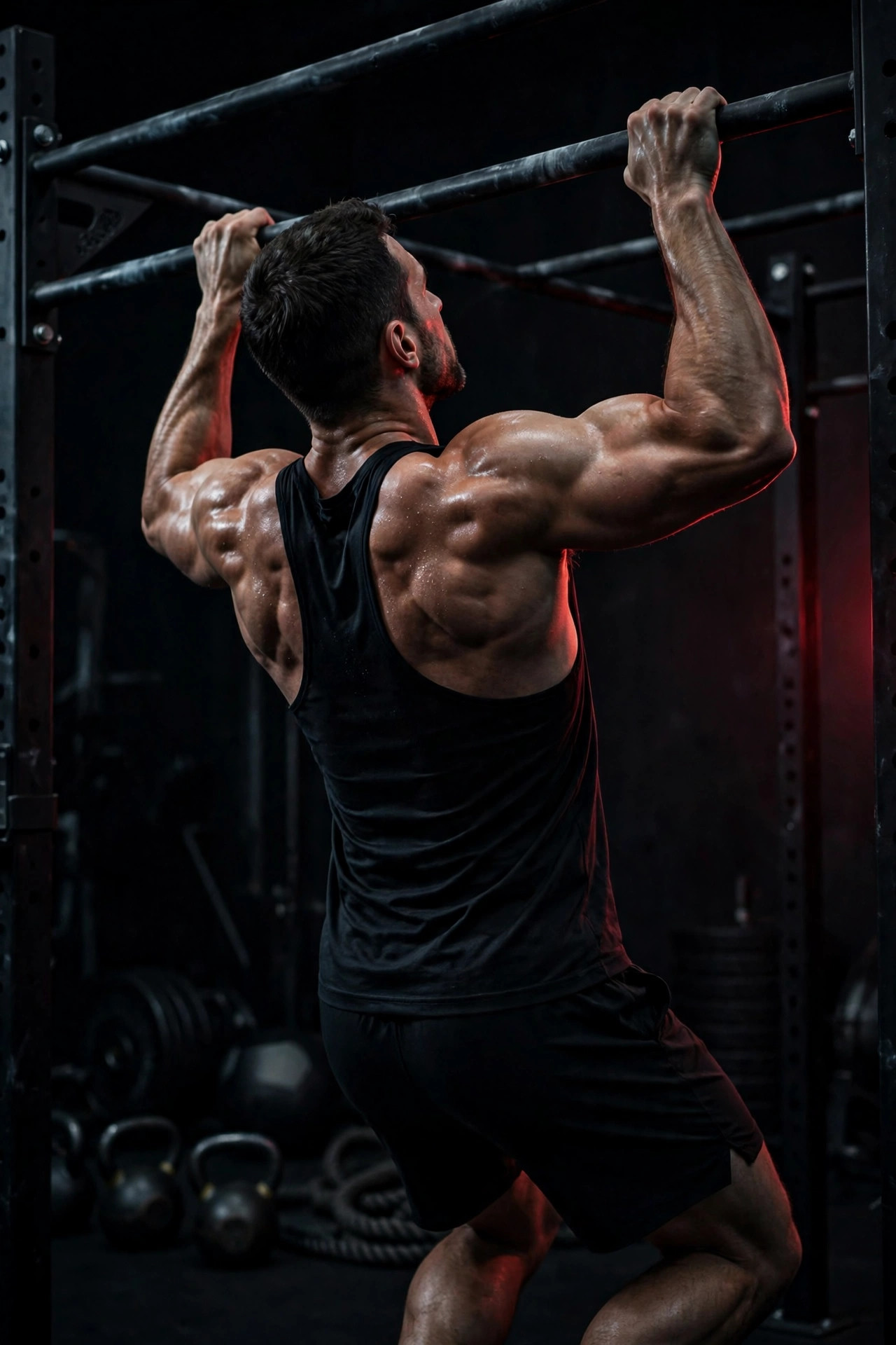 Athlete performing a pull-up showing back muscles in a dark gym