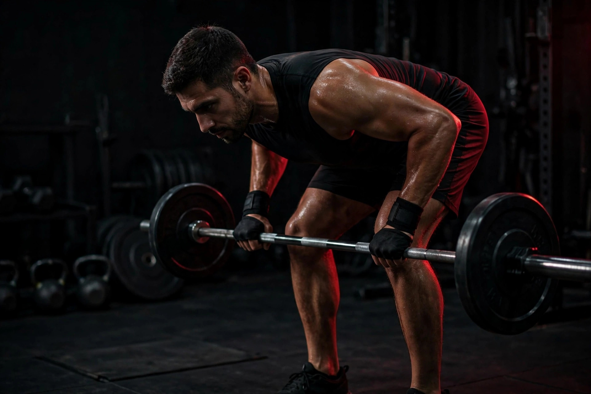 Athlete performing a bent-over barbell row in a dark gym