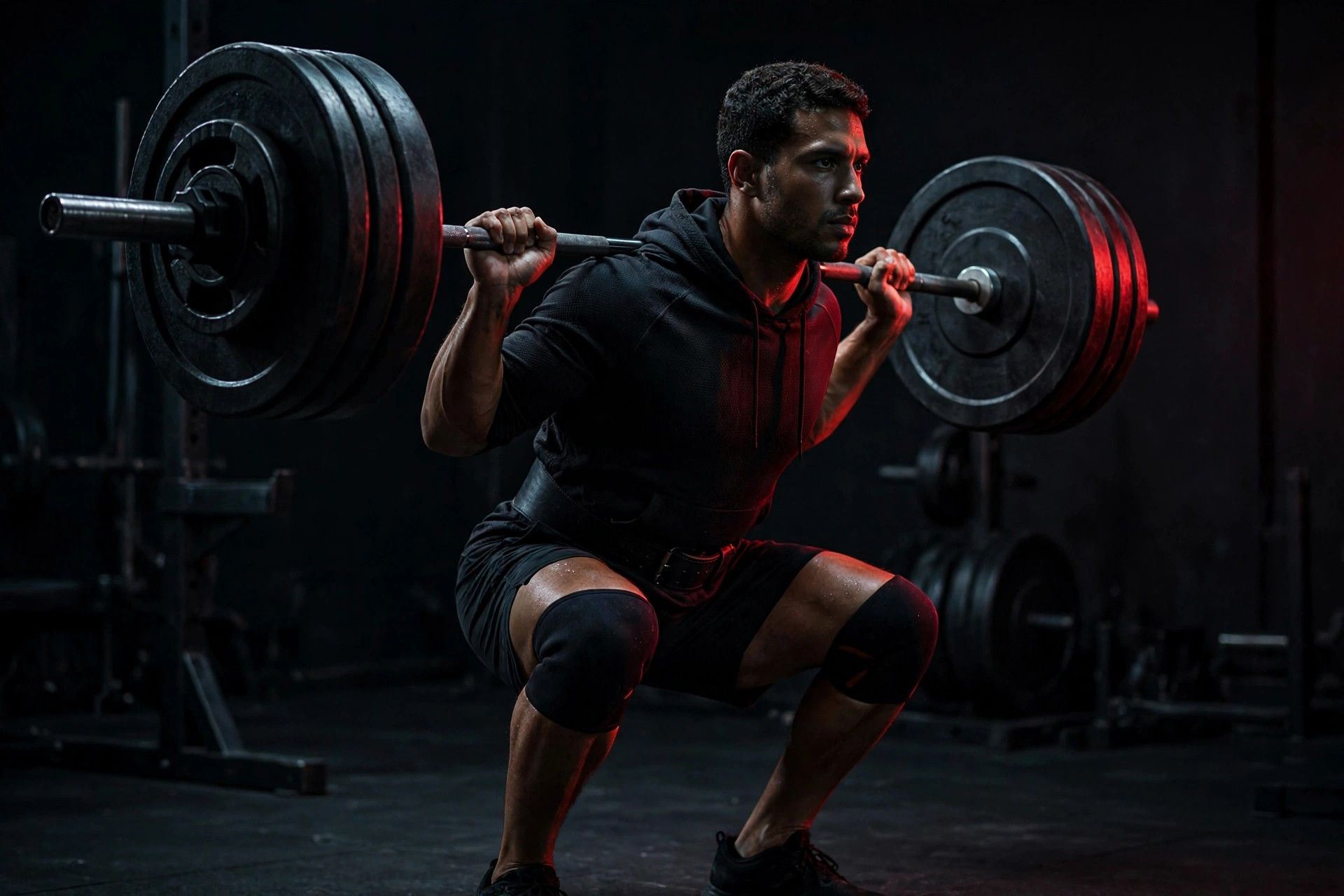 Athlete performing a barbell back squat in a dark gym
